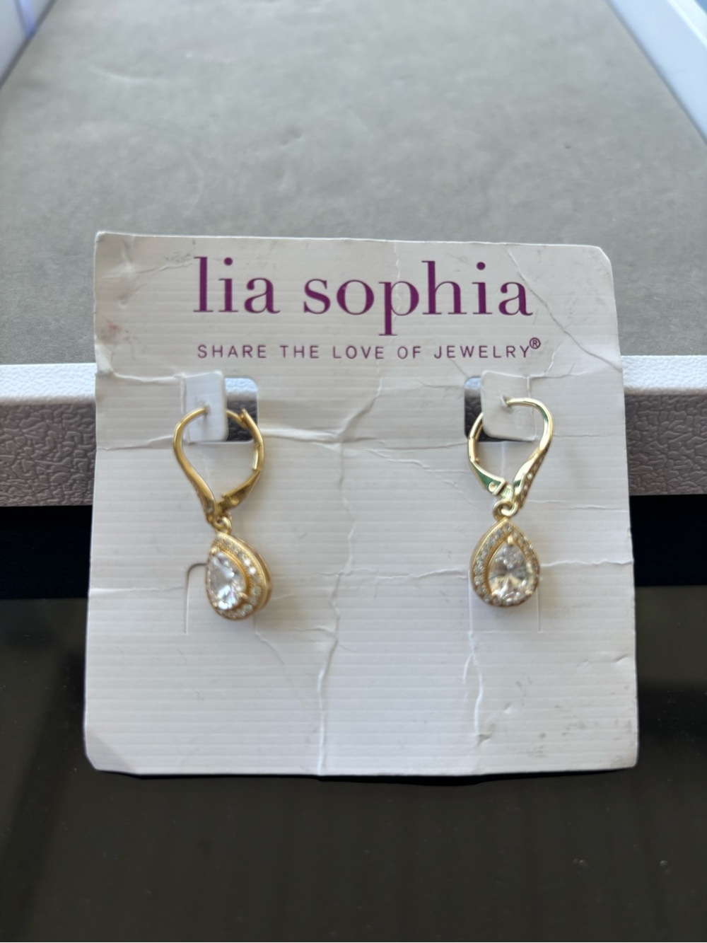 Lia Sophia Gold Teardrop Crystal Dangle Earrings